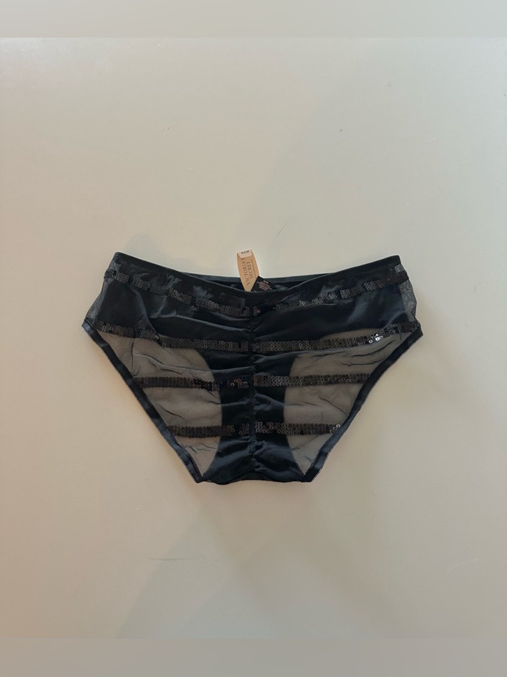 NEW Victoria's Secret Black Low Rise Hiphugger Ruched Mesh Sequin Back Panties M